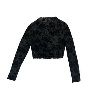 Burnt Out Velvet Crop Top Medium Mock Neck Mesh Black Witchy Fairy Whimsy Y2K